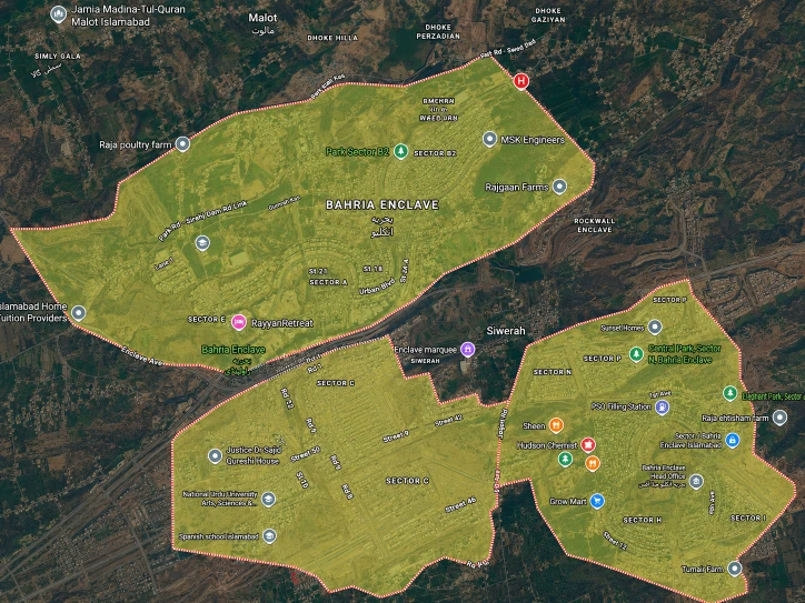 Map showing Kuri Gas Services delivery coverage across Bahria Enclave Sectors A to J, Islamabad