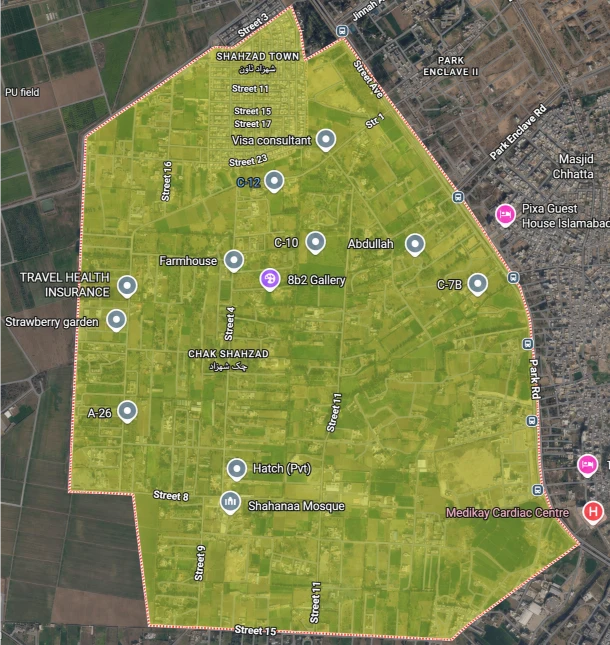 Map showing Kuri Gas Services delivery coverage in Chak Shahzad, Islamabad
