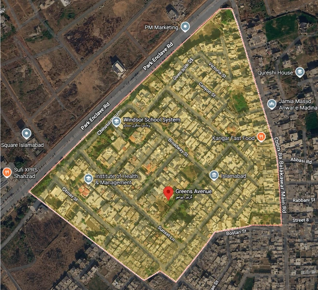 Map showing Kuri Gas Services delivery coverage in Green Avenue, Islamabad