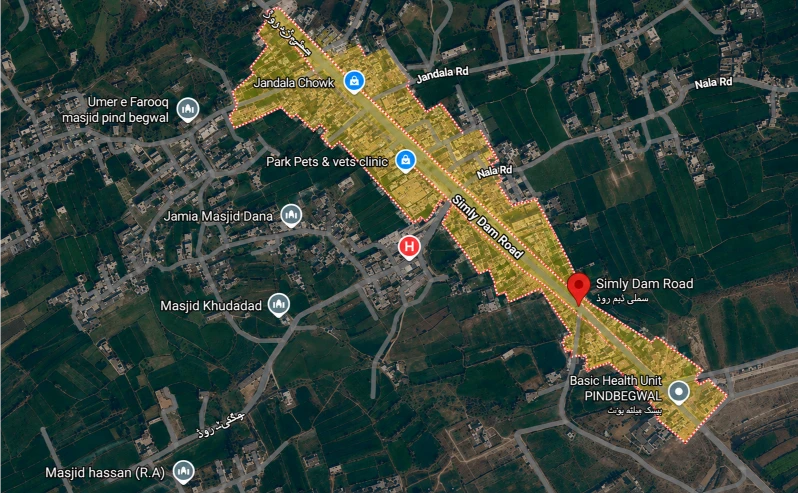 Map showing Kuri Gas Services delivery coverage along Simly Dam Road, Islamabad