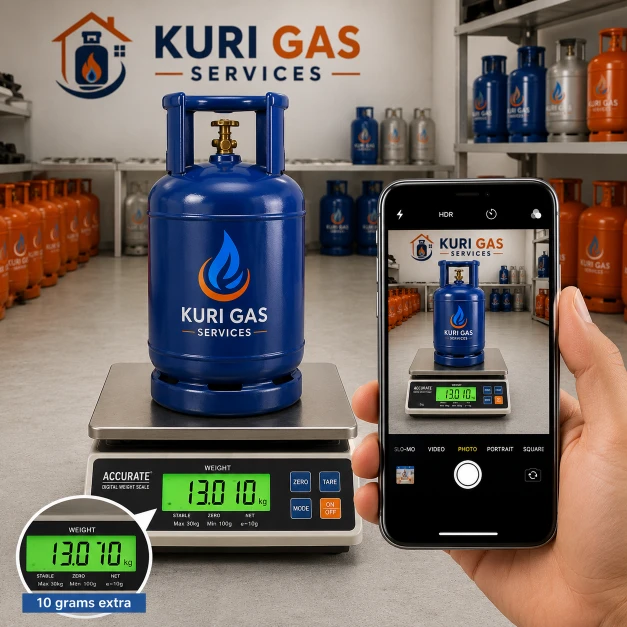 Kuri Gas Services taking a photo of the filled cylinder on a digital scale as proof for the customer